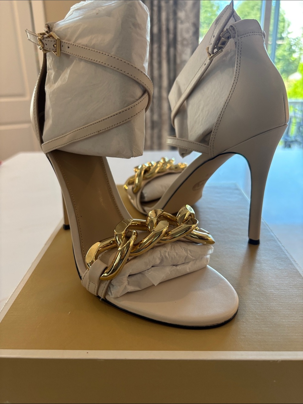 Michael Kors Cream Stiletto Sandal with Gold Chain Accent - Picture 3 of 9